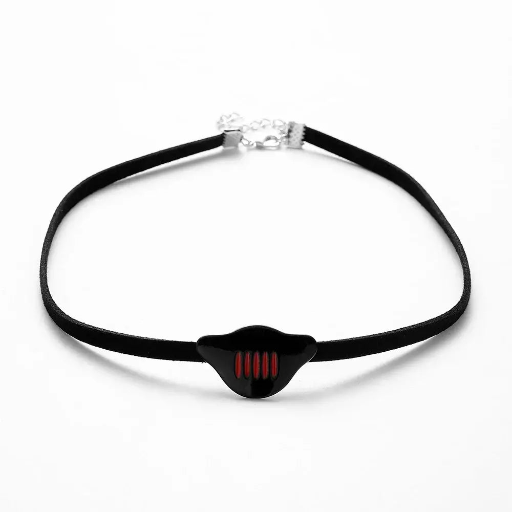 Dragon black choker necklace with a glossy black teardrop pendant featuring three vertical red stripes
