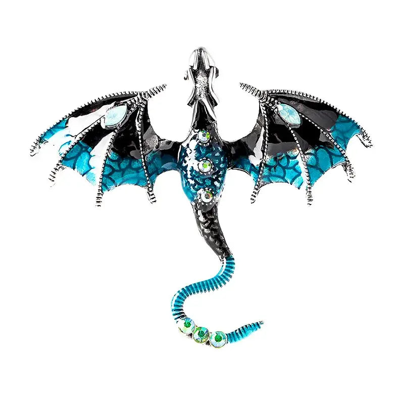 Dragon colorful metal brooch lapel pin featuring blue and black enamel with silver accents and green gemstones