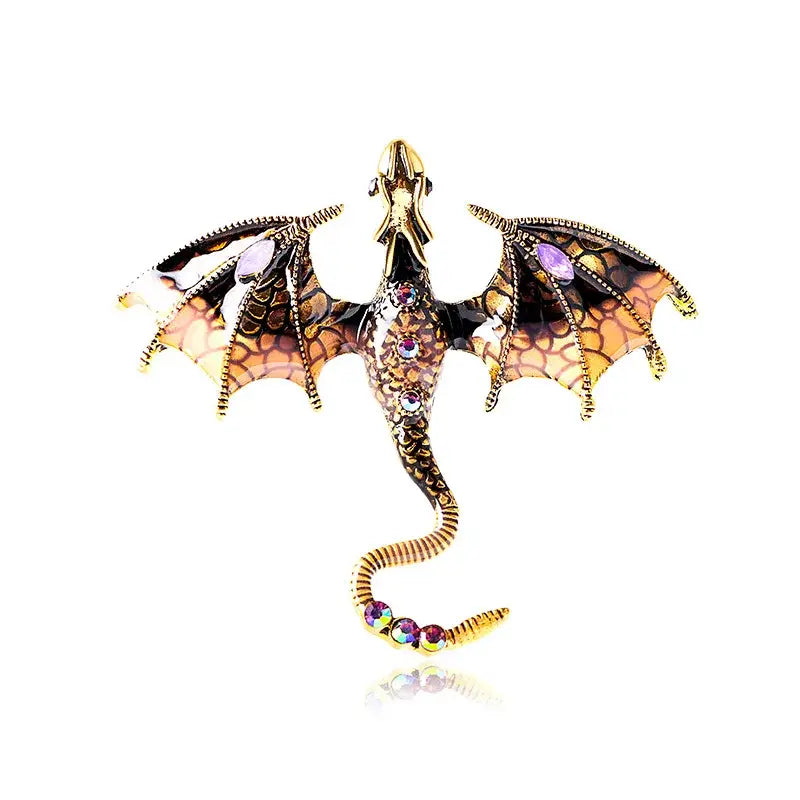Golden dragon colorful metal brooch with orange and black enamel wings and purple multicolored gemstones lapel pin