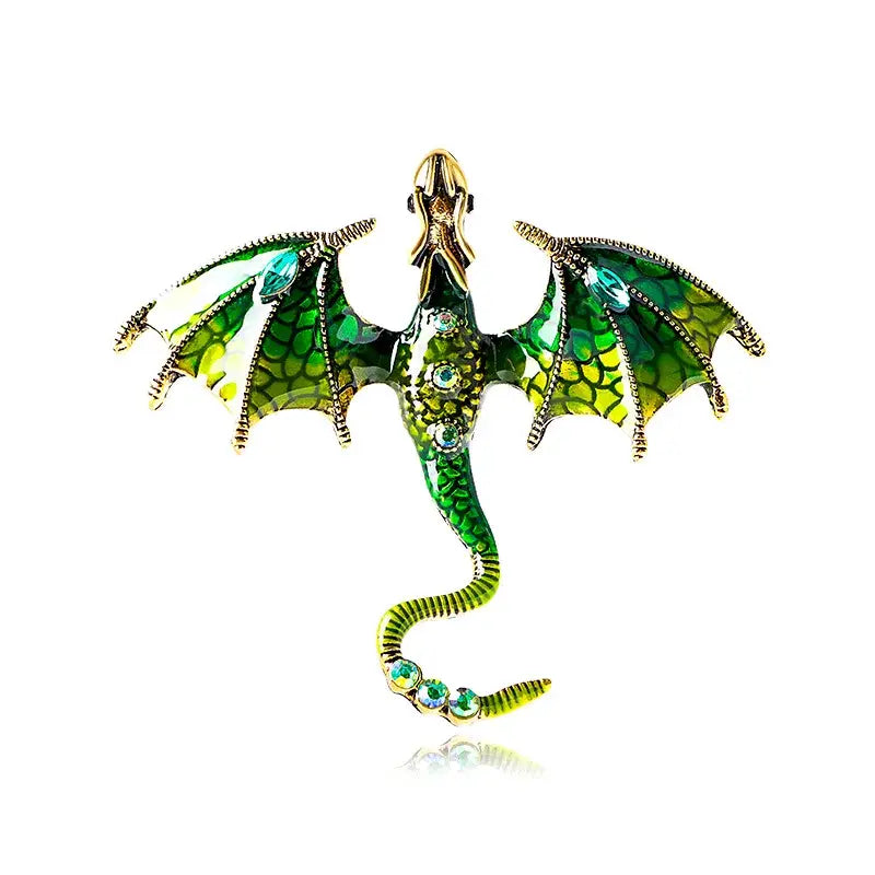 A vibrant green dragon colorful metal brooch with gold accents and blue gemstones enamel lapel pin