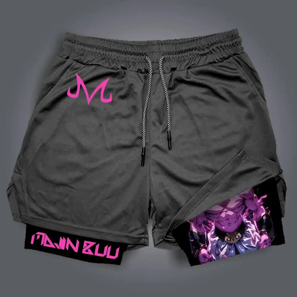 Dark gray breathable quick-dry retro shorts with pink m logo and dragonball goku anime graphic on the side seam