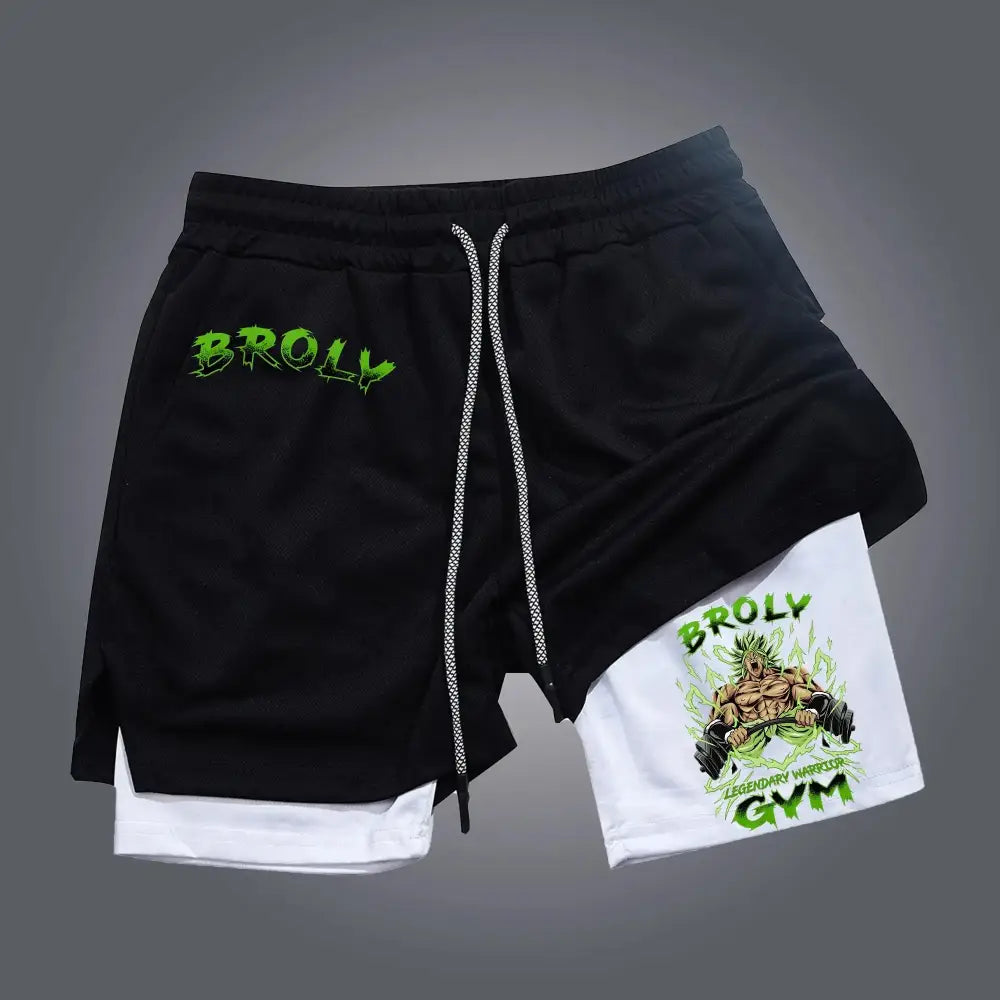 Black and white two-in-one athletic retro shorts with green broly graphic and quick-dry breathable fabric for gym or casual wear