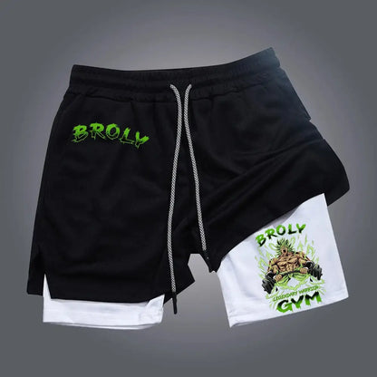 Black and white two-in-one athletic retro shorts with green broly graphic and quick-dry breathable fabric for gym or casual wear