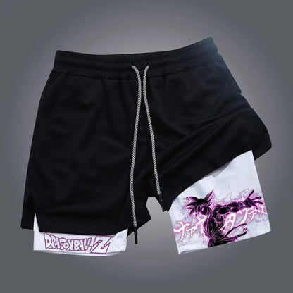 Black and white two-tone dragon ball z retro shorts with breathable quick-dry fabric and purple goku artwork on the leg