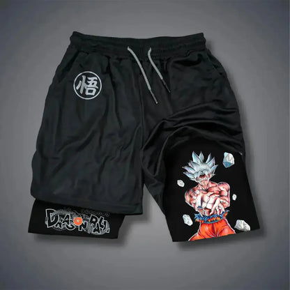 Black dragonball goku retro shorts with vibrant super saiyan blue print and white 悟 logo waistband breathable quick dry