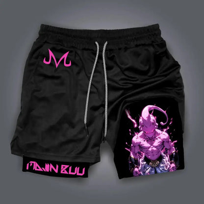 Black breathable quick-dry retro shorts featuring a pink majin buu illustration and matching m logo with white drawstrings
