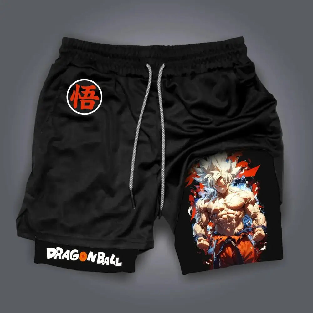 Black dragon ball retro shorts with vibrant goku illustration and breathable quick-dry fabric featuring悟logo on left thigh