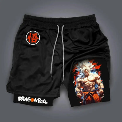 Black dragon ball retro shorts with vibrant goku illustration and breathable quick-dry fabric featuring悟logo on left thigh