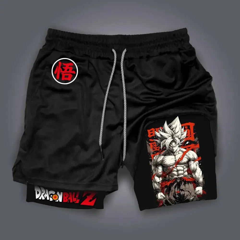 Black dragonball z retro shorts with breathable quick-dry fabric featuring white and red goku super saiyan design