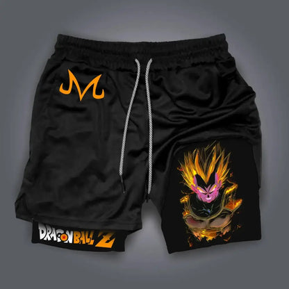 Black dragon ball z retro shorts with breathable quick-dry fabric featuring fiery super saiyan vegeta graphic and orange m logo