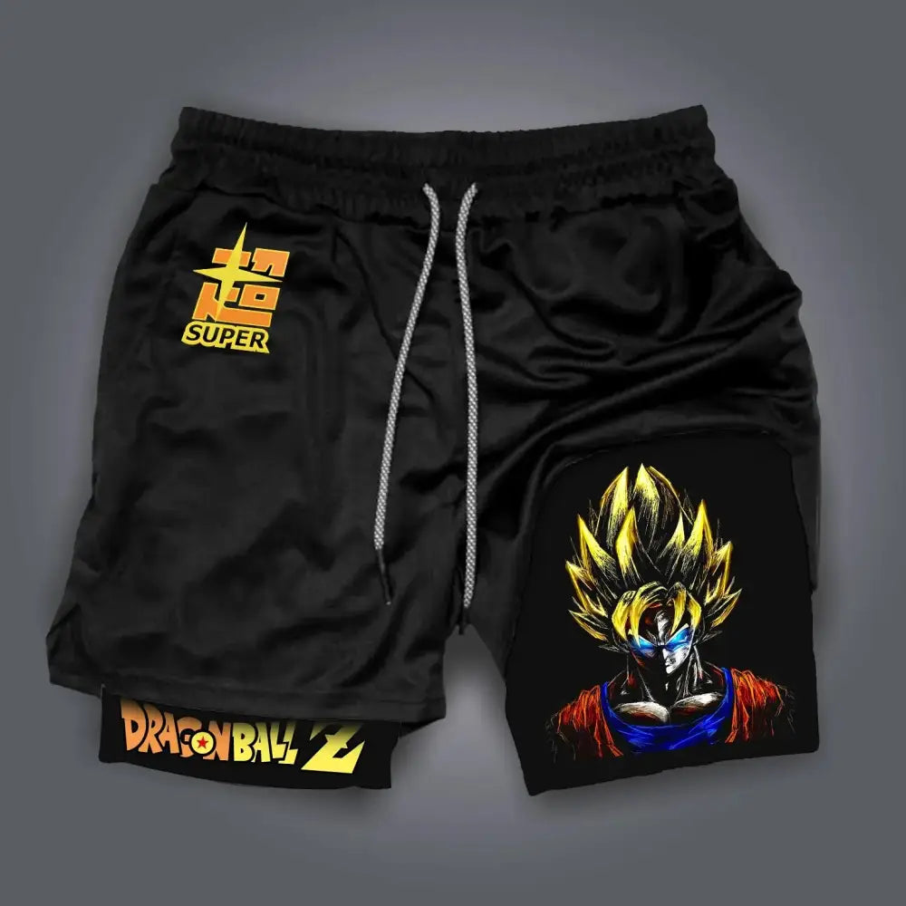 Black DragonBall Goku retro shorts with vibrant super saiyan Goku graphic and breathable quick-dry fabric
