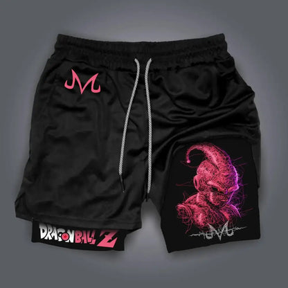 Black DragonBall Goku retro shorts with breathable quick-dry fabric featuring pink purple Majin Buu wireframe design and logo