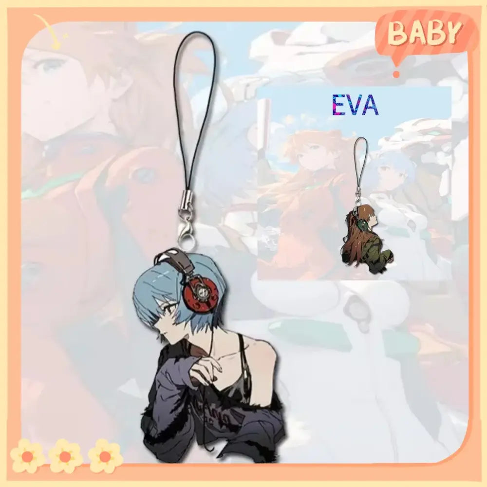 Blue-haired evangelion asuka ayanami phone chain charm with headphones made of acrylic and metal for bags and keys