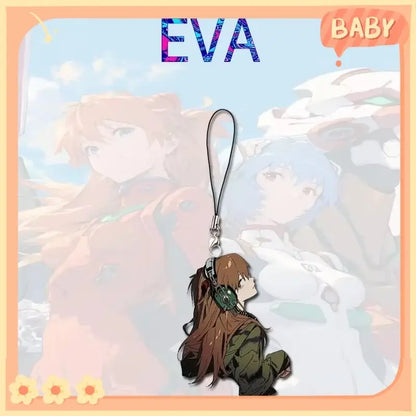 Brown-haired evangelion asuka ayanami phone chain charm with green headphones glossy finish on black cord