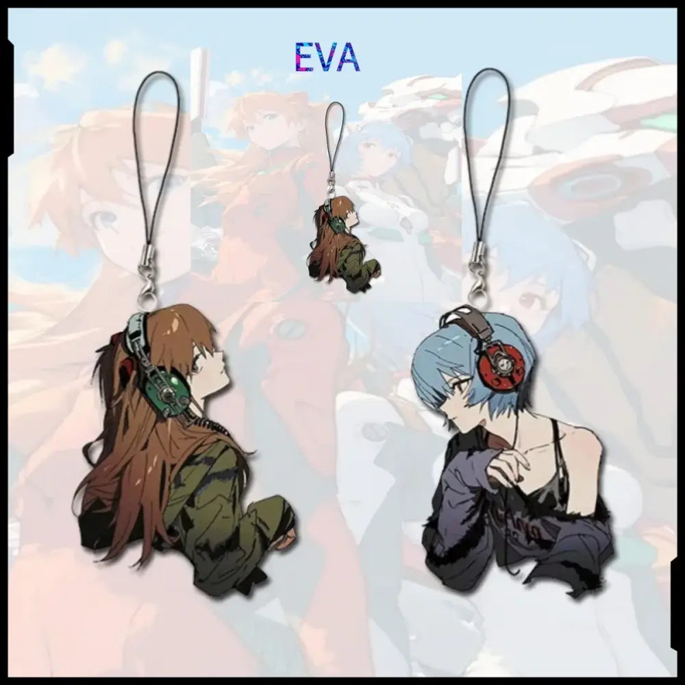 Eva-themed evangelion asuka ayanami phone chain keychains with anime figures in brown and blue headphones for bags
