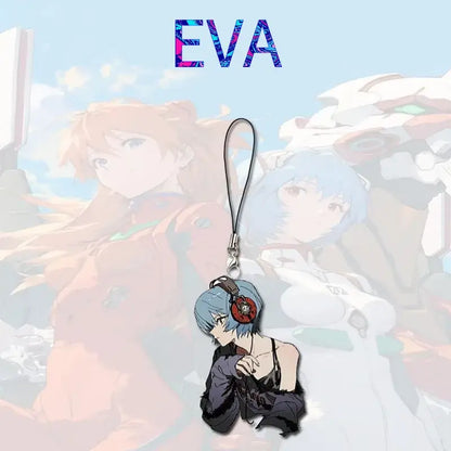 Blue-haired evangelion asuka ayanami phone chain charm with red headphones and black outfit on black cord keychain