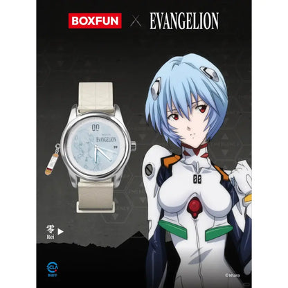 A silver-toned blind box wrist watch with light beige leather strap featuring rei illustration from evangelion asuka boxfun series