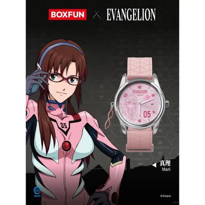 Pink leather strap evangelion asuka wrist watch with silver case featuring mari illustration boxfun series blind box
