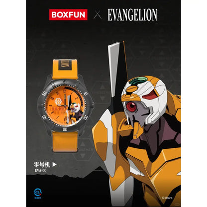 Evangelion Asuka blind box wrist watch in orange and black eva-00 theme with a yellow strap from boxfun series