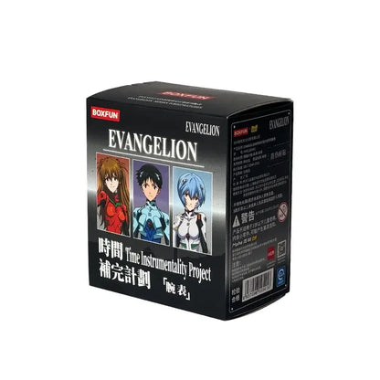 Black rectangular blind box featuring evangelion asuka branding and three anime characters in colorful outfits from boxfun series