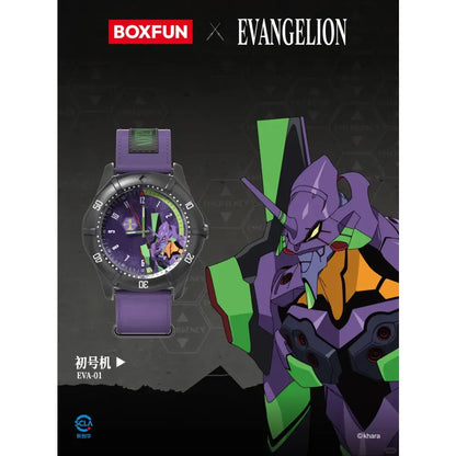 Evangelion Asuka blind box wrist watch with purple strap black case and detailed eva-01 themed dial featuring character face