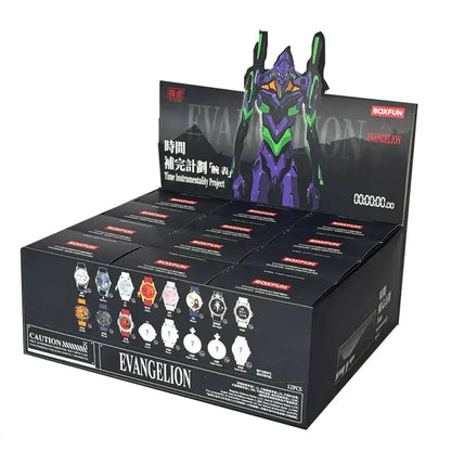 Black cardboard display box with purple and green evangelion asuka figure showcasing 12 blind box watches from boxfun series