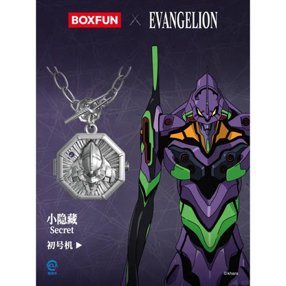 Silver octagonal pendant necklace with detailed evangelion unit-01 face from evangelion asuka blind box boxfun series