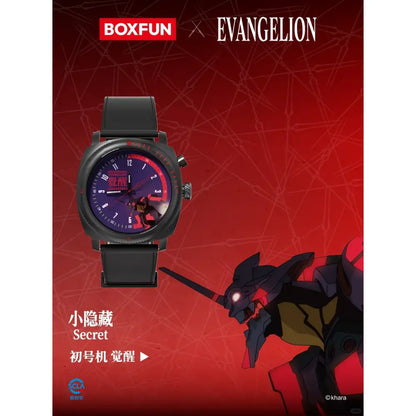 Black evangelion asuka blind box wrist watch with dark blue and red dial and black rubber strap from boxfun series