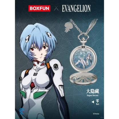 Silver pocket watch with rei illustration and silver charm from evangelion asuka blind box wrist watch series