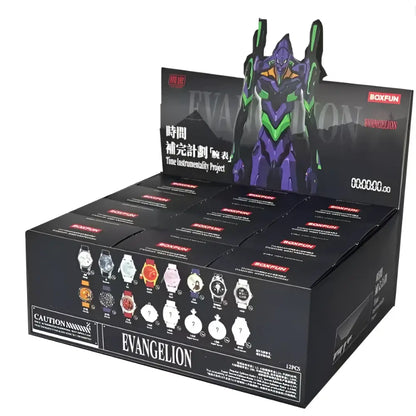 Black display box featuring a purple and green evangelion asuka figure with multiple watch models for evangelion asuka blind box