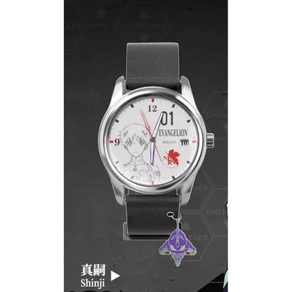 Silver-faced evangelion asuka blind box wrist watch with black leather strap and purple eva unit-01 charm