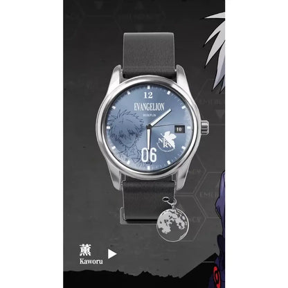 Silver-toned evangelion asuka blind box wrist watch with black leather strap and blue dial featuring eva 06 character