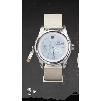 Silver-toned evangelion asuka blind box wrist watch with cream crocodile leather strap and rei ayanami illustrated dial