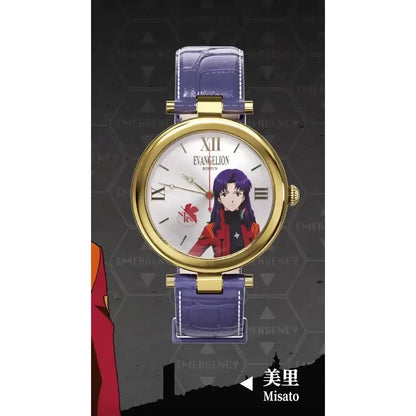 Evangelion Asuka blind box wrist watch with purple crocodile leather strap and gold-tone case featuring Misato illustration