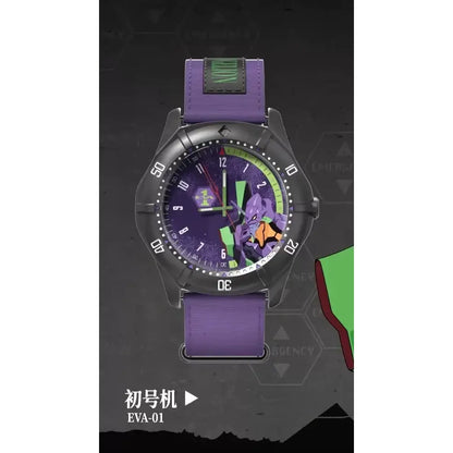 Evangelion asuka blind box wrist watch with a purple strap black case and vibrant eva-01 dial design from boxfun series