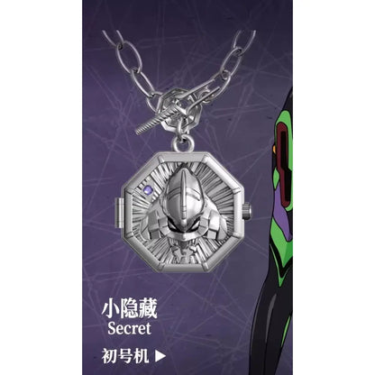 Silver octagonal locket pendant with evangelion unit-01 face and purple gemstone in evangelion asuka blind box series