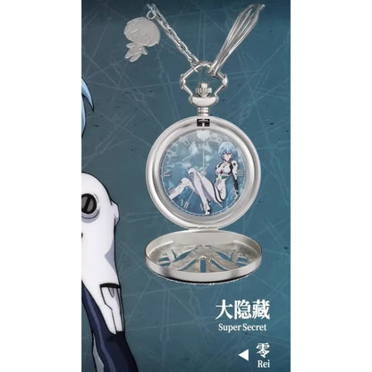 Silver pocket watch with evangelion asuka anime face roman numerals and chain from evangelion asuka blind box series