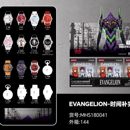 Evangelion asuka blind box wristwatch with purple and green dial and metallic band from boxfun series
