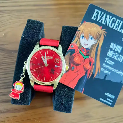 Evangelion asuka blind box wristwatch with red and gold face, red strap, and dangling charm from boxfun series