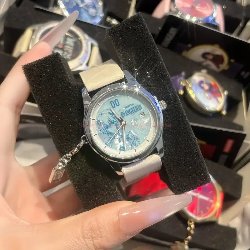 Silver-toned evangelion asuka blind box wrist watch with light blue dial illustration and beige leather strap