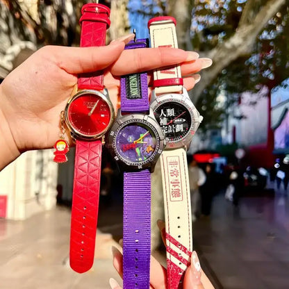 Three evangelion asuka blind box wrist watches with red leather, purple fabric, and cream canvas straps and unique faces