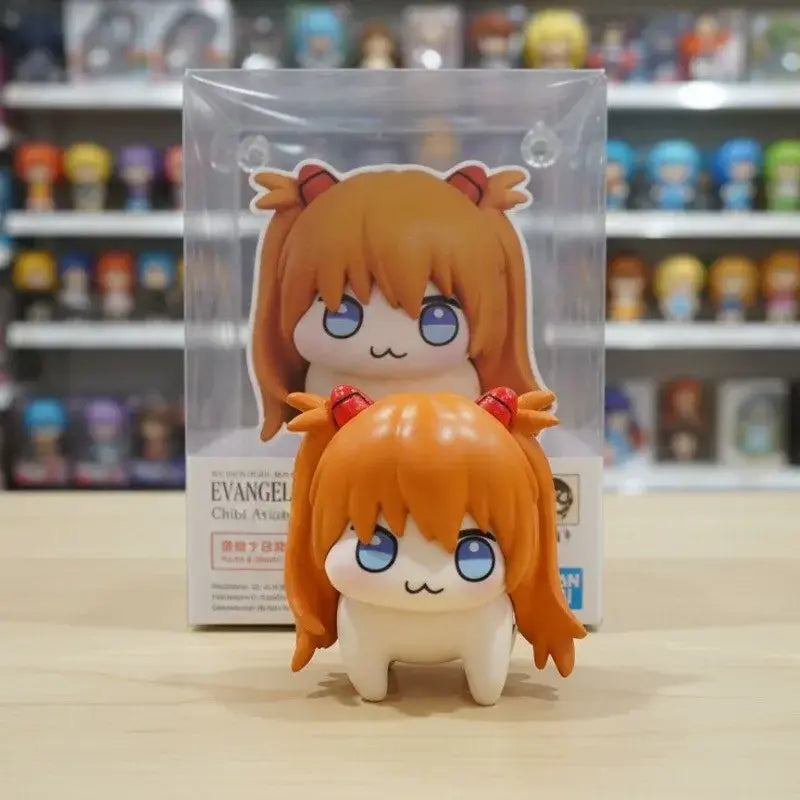 Cute orange-haired evangelion asuka figure with blue eyes and red horns 5cm pvc desktop ornament in packaging