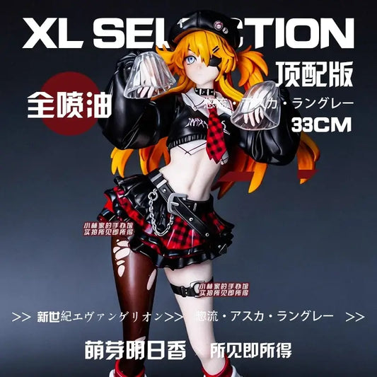Evangelion asuka gk figure 33cm pvc statue wearing black and red plaid skirt with leather accents and matching cropped top