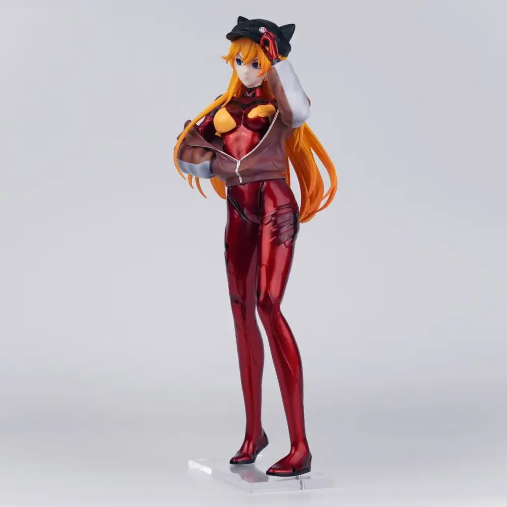 Glossy red and brown evangelion asuka gk figure with long orange hair and black cat ear hat 33cm pvc statue