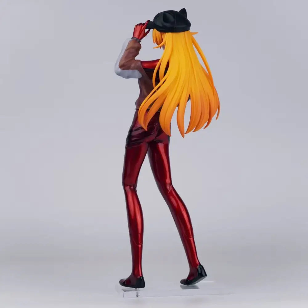 Glossy red and black evangelion asuka gk figure with long orange hair and cat-ear hat 33cm pvc statue