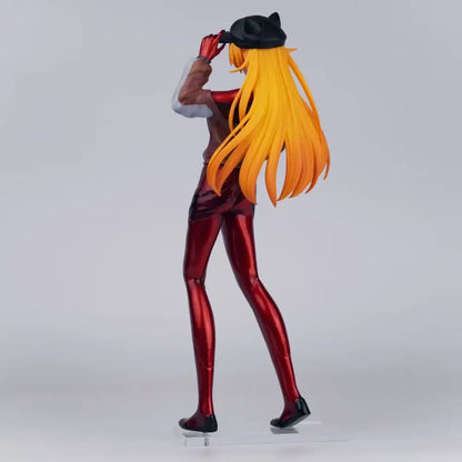 Glossy red and black evangelion asuka gk figure with long orange hair and cat-ear hat 33cm pvc statue