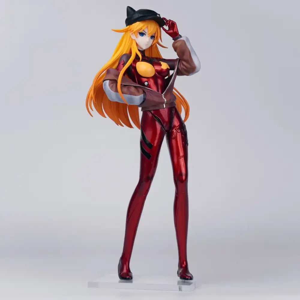 A glossy red and gold evangelion asuka gk figure with long orange hair and black cat-ear hat 33cm pvc statue
