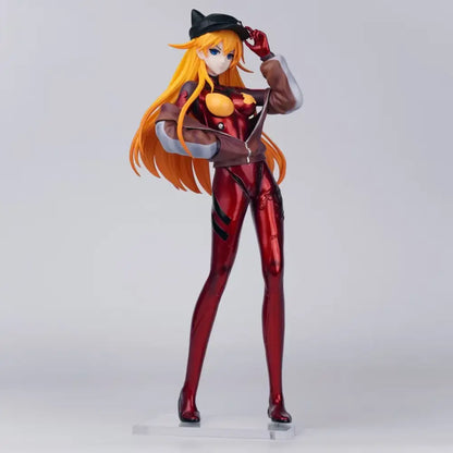 A glossy red and gold evangelion asuka gk figure with long orange hair and black cat-ear hat 33cm pvc statue