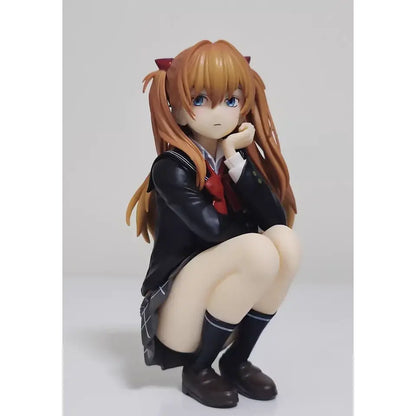 Orange-haired evangelion asuka gk figure in black school uniform with red bow sitting cross-legged 33cm pvc statue