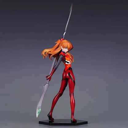 Evangelion asuka langley soryu figure in red and black battle dress pvc holding a silver sword with long orange hair